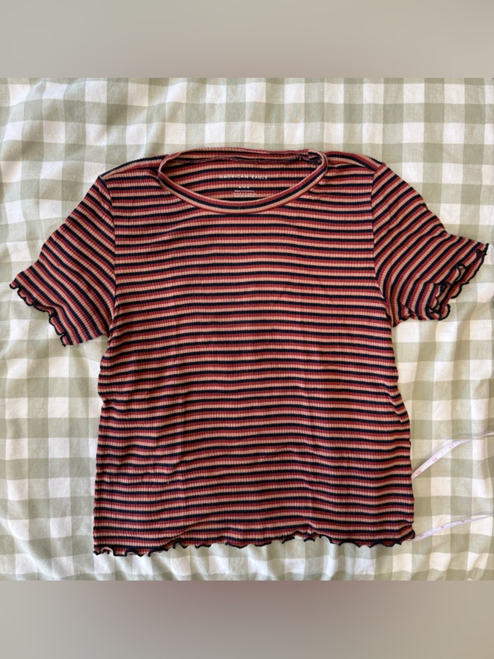 Striped Ribbed Lettuce-Edge Tee - Black, Red, Cream